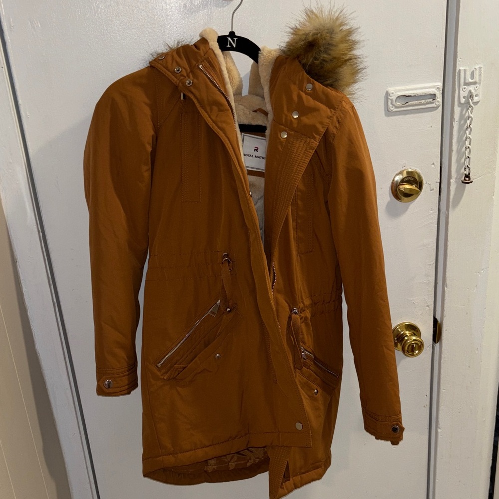 Women's Brown Parka Coat with Faux Fur Hood